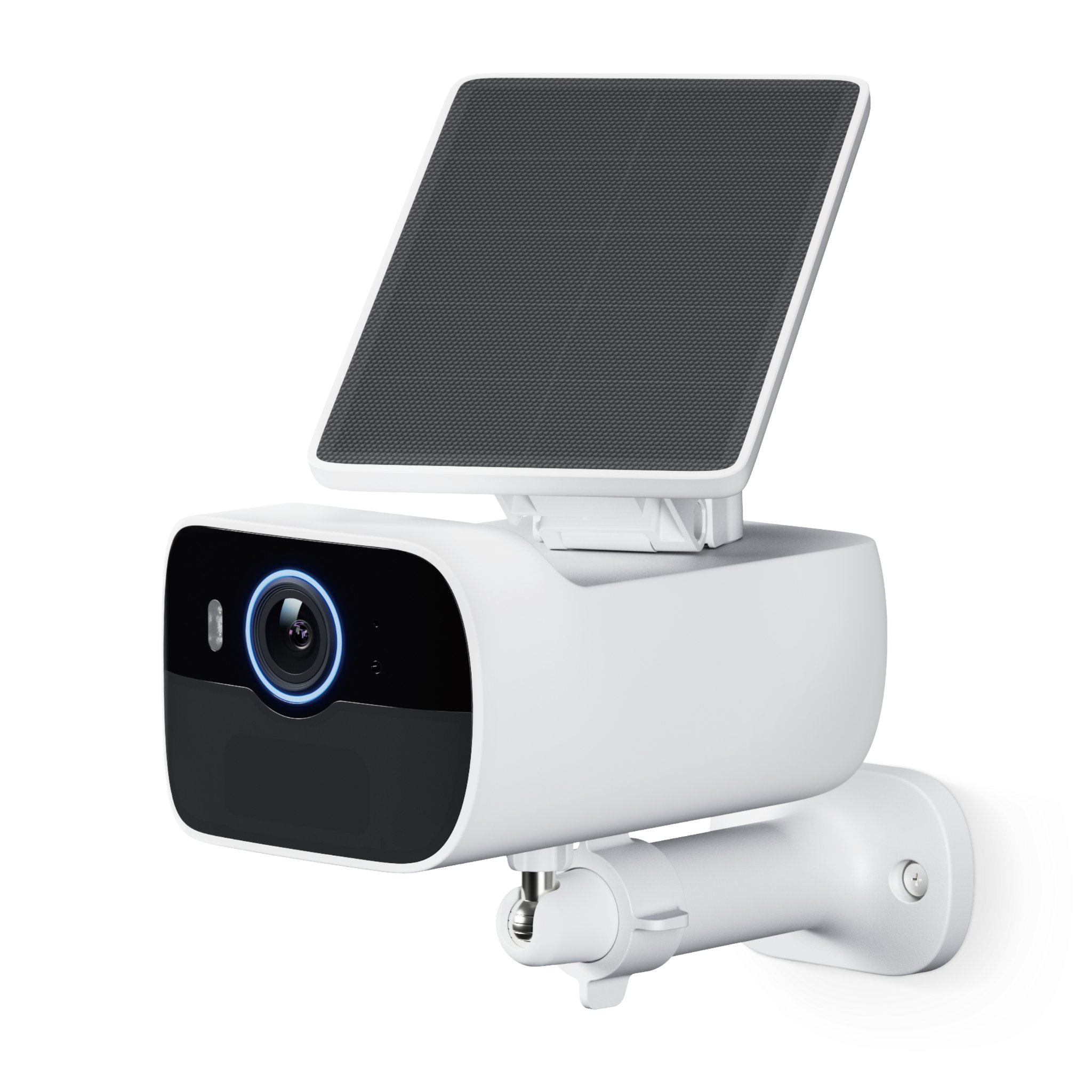 Produktfoto einer Überwachungskamera mit integriertem Solarpanel inklusive Wandhalterung in Profilansicht.