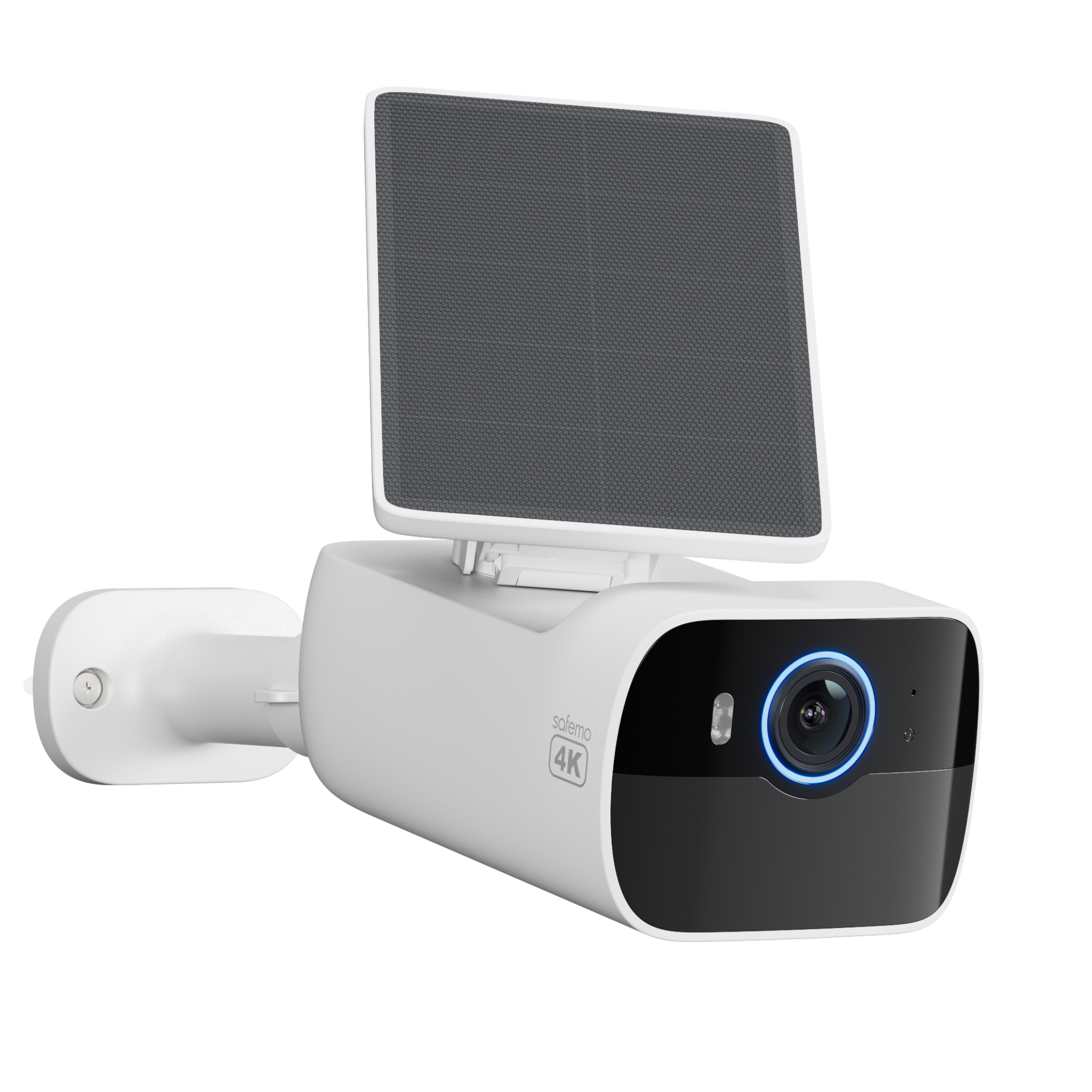 Produktfoto einer Überwachungskamera mit integriertem Solarpanel inklusive Wandhalterung in Profilansicht.