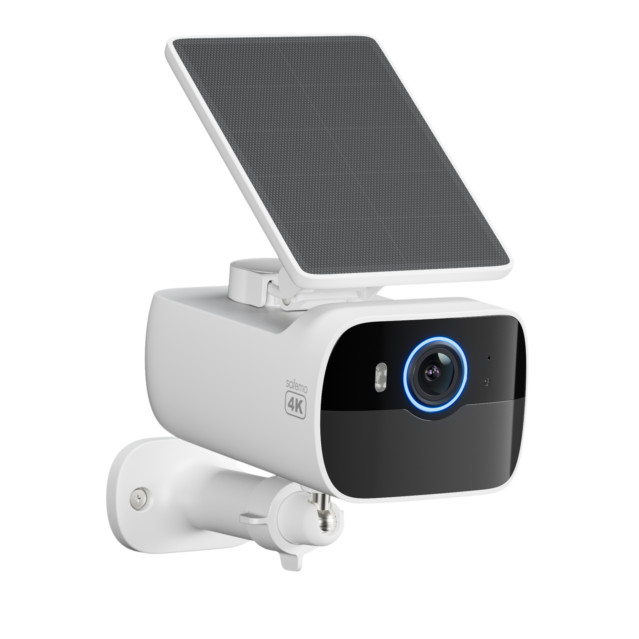 Produktfoto einer Überwachungskamera mit integriertem Solarpanel und Wandhalterung in Profilansicht.