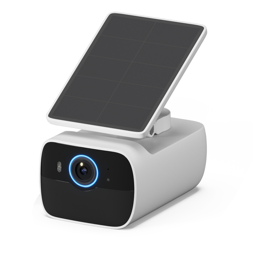 Produktfoto einer Überwachungskamera mit integriertem Solarpanel in Profilansicht.