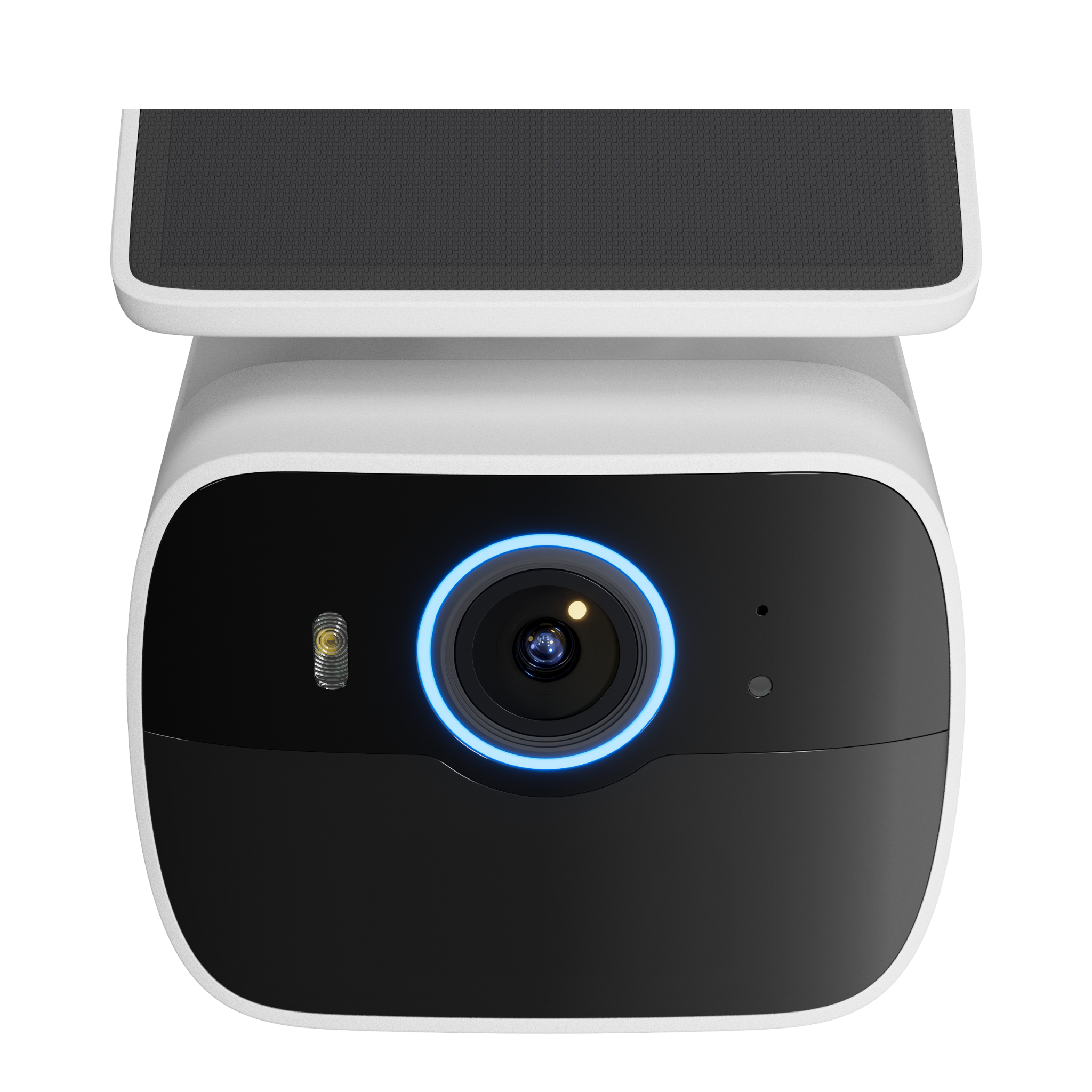 Produktfoto einer Überwachungskamera mit integriertem Solarpanel in Frontansicht.