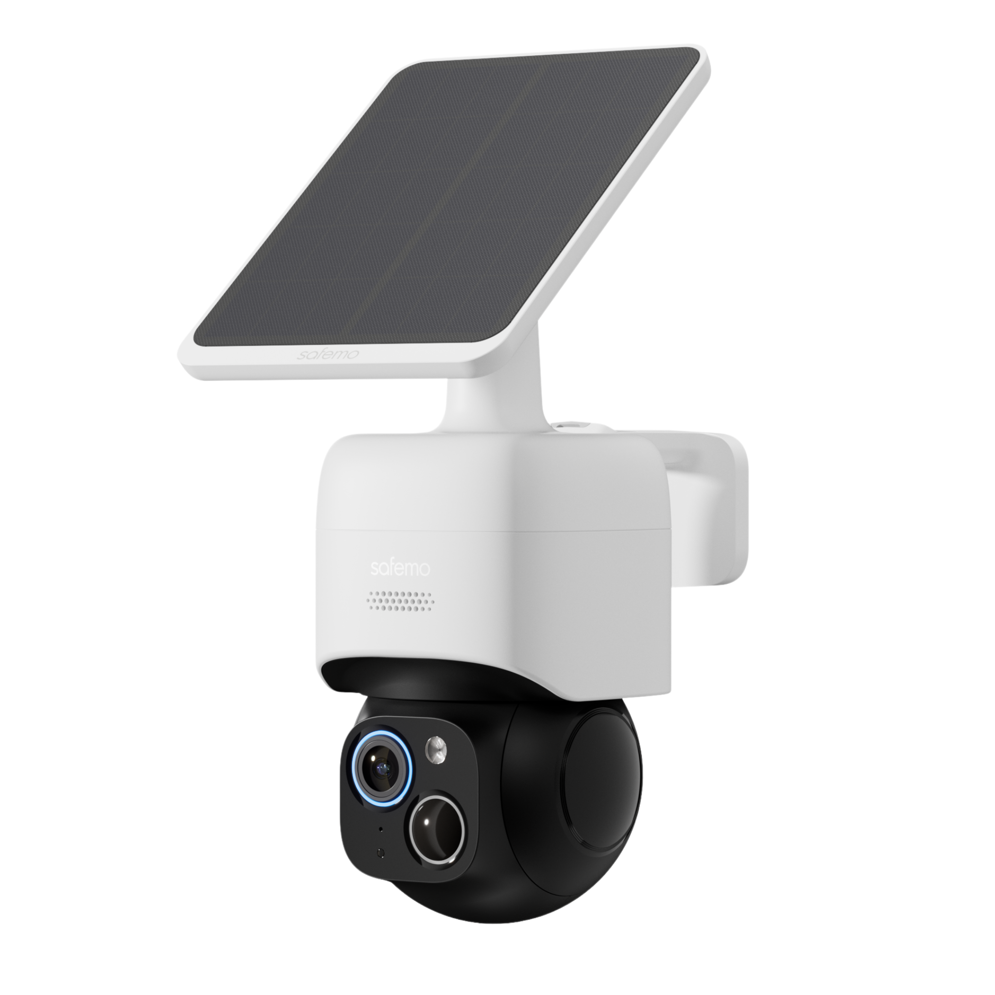 Produktfoto von 360 Grad Überwachungskamera mit integriertem Solarpanel in Profilansicht.