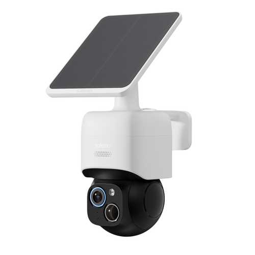Produktfoto von 360 Grad Überwachungskamera mit integriertem Solarpanel in Profilansicht.
