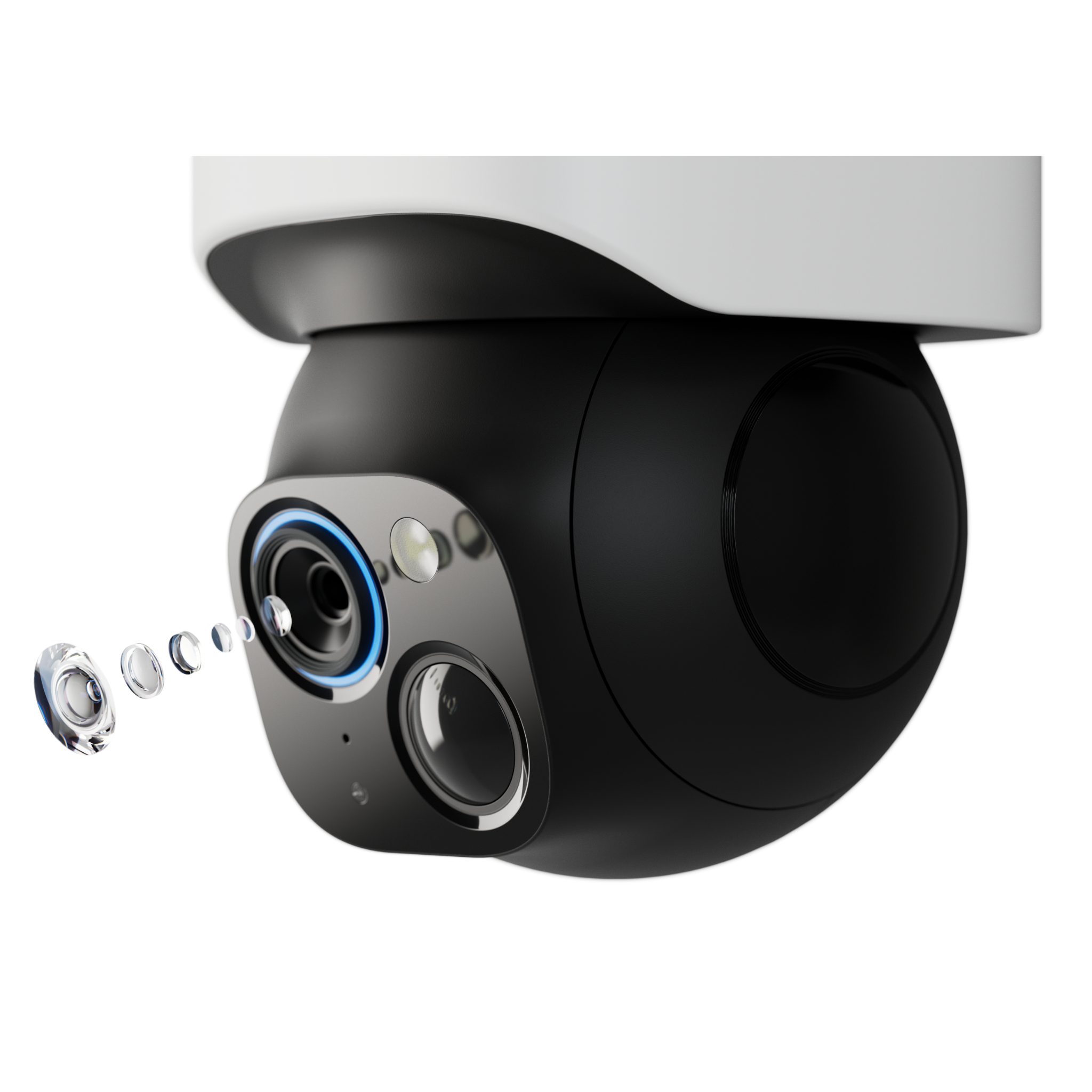 Produktfoto von 360 Grad Überwachungskamera. Detailansicht der Linse, als Explosionsgrafik.