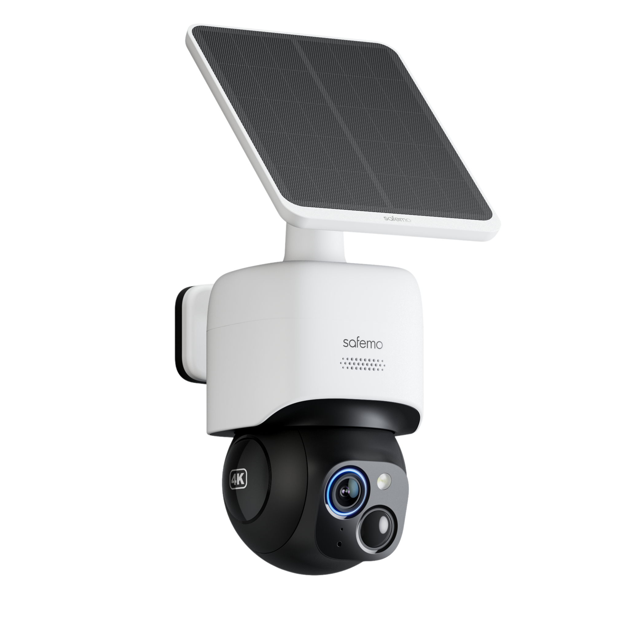 Produktfoto von 360 Grad Überwachungskamera mit integriertem Solarpanel in Profilansicht.