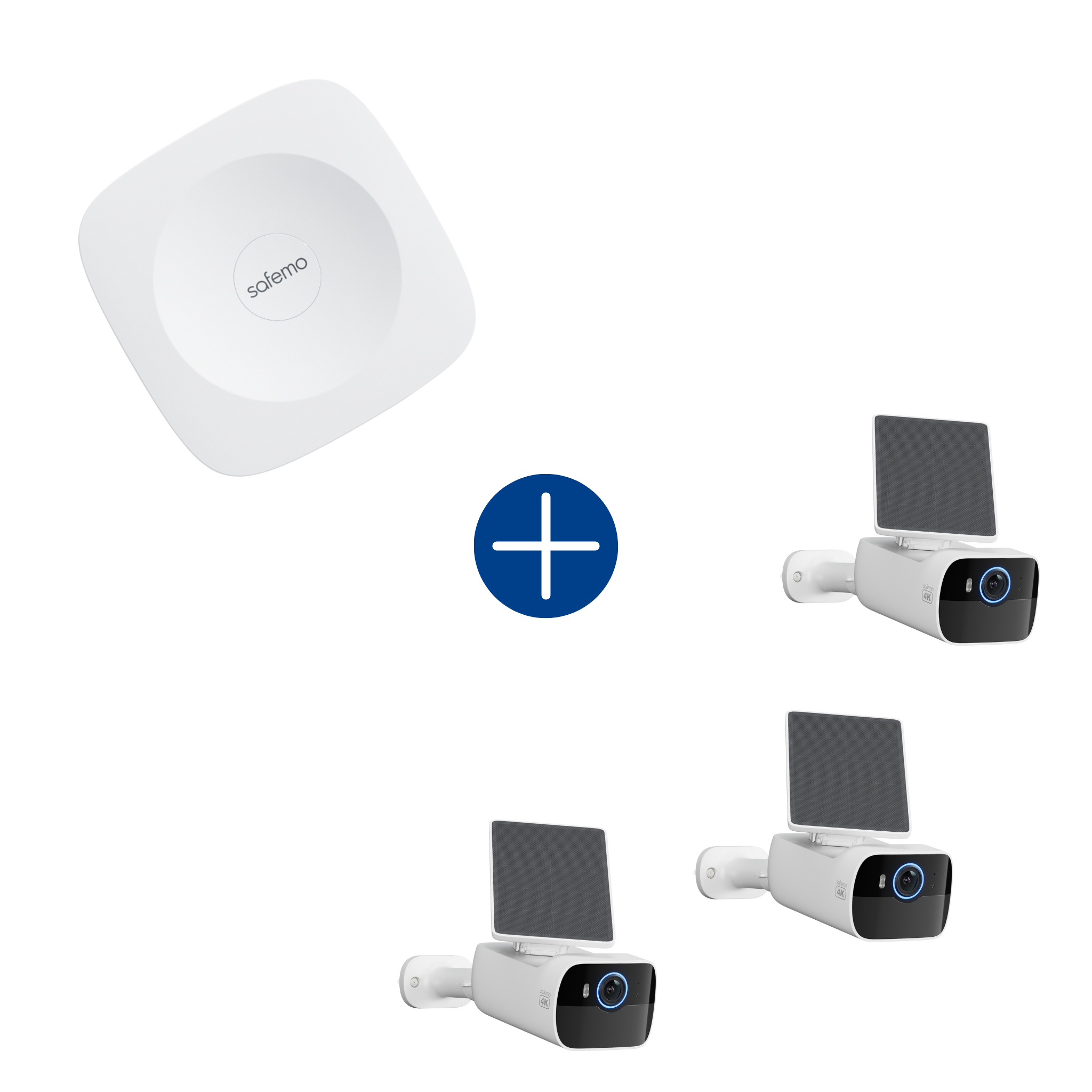 Produktbild für Paket aus 3 Überwachungskameras mit integriertem Solarpanel und einem Aufzeichnungsrekorder. Fotos der Produkttypen werden grafisch mit einem Plus-Icon verbunden.