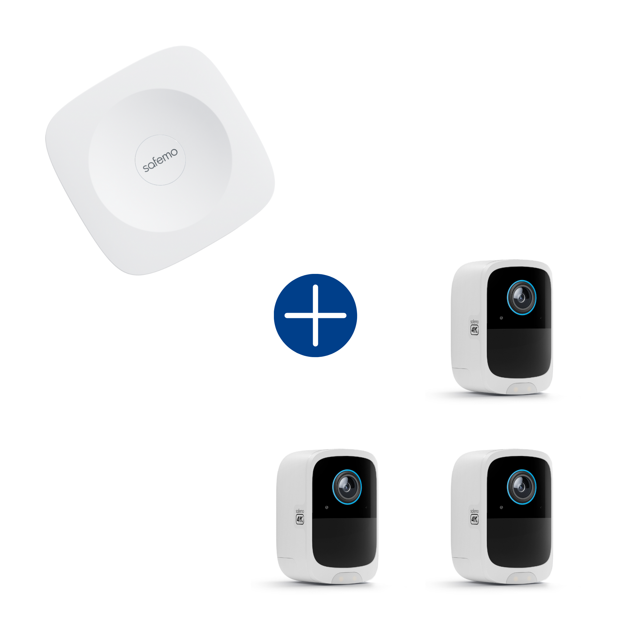 Produktbild für Paket aus drei Überwachungskameras und einem Aufzeichnungsrekorder. Fotos der Produkttypen werden grafisch mit einem Plus-Icon verbunden.