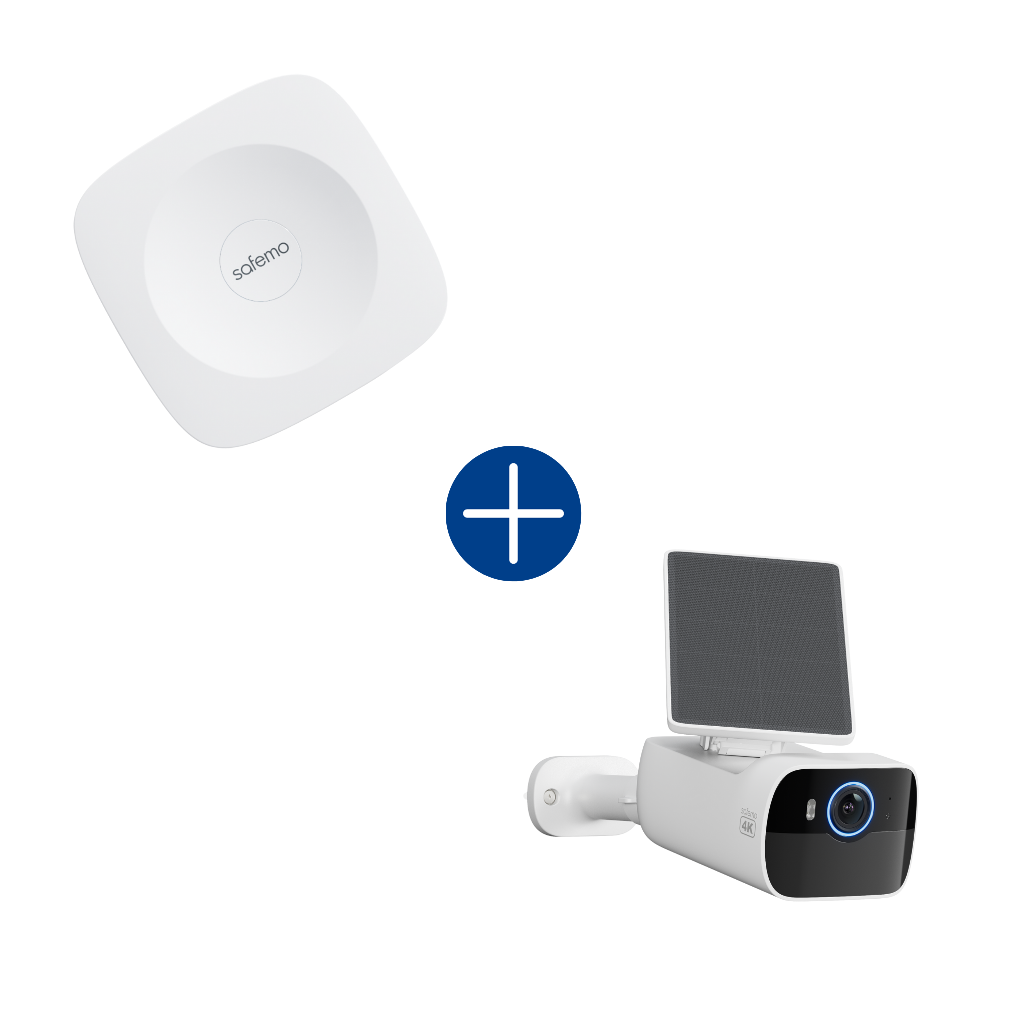 Produktbild für Paket aus Überwachungskamera mit integriertem Solarpanel und Aufzeichnungsrekorder. Fotos beider Produkte werden grafisch mit einem Plus-Icon verbunden.