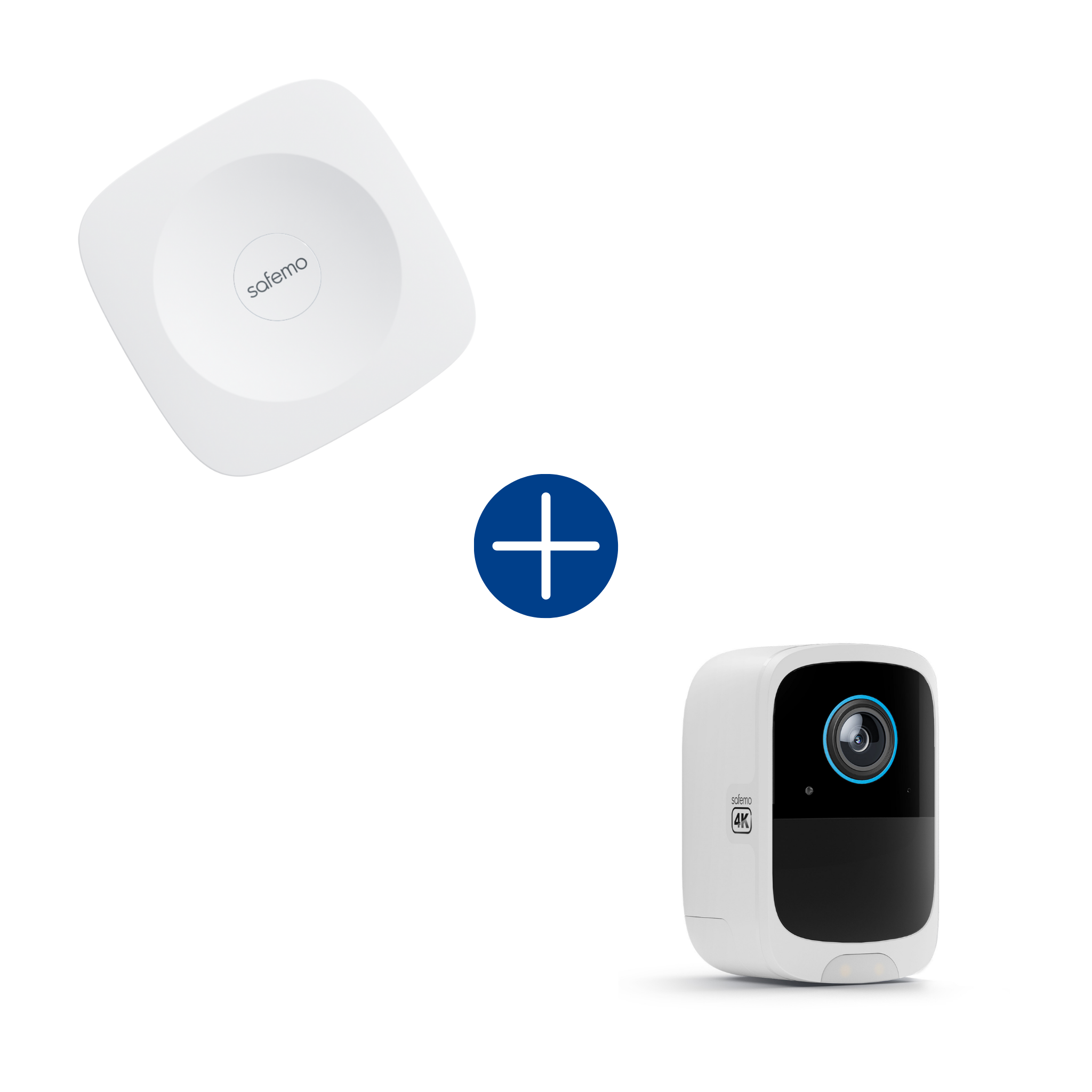 Produktbild für Paket aus einer Überwachungskamera und einem Aufzeichnungsrekorder. Fotos der Produkttypen werden grafisch mit einem Plus-Icon verbunden.