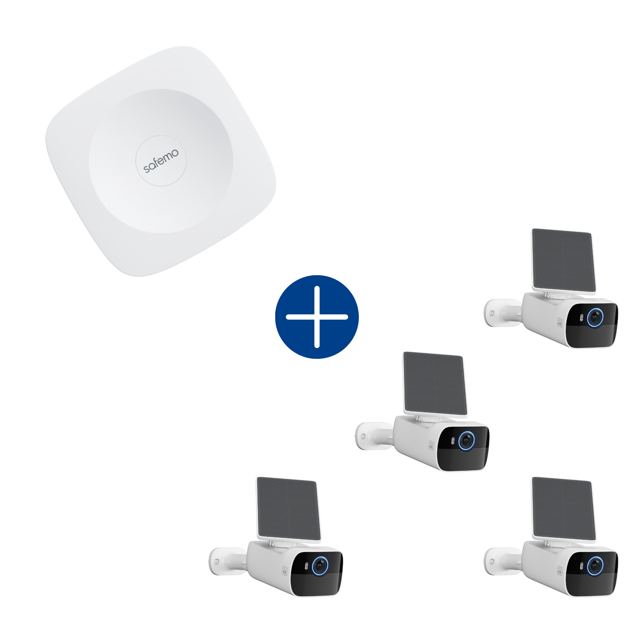 Produktbild für Paket aus 4 Überwachungskameras mit integriertem Solarpanel und einem Aufzeichnungsrekorder. Fotos der Produkttypen werden grafisch mit einem Plus-Icon verbunden.