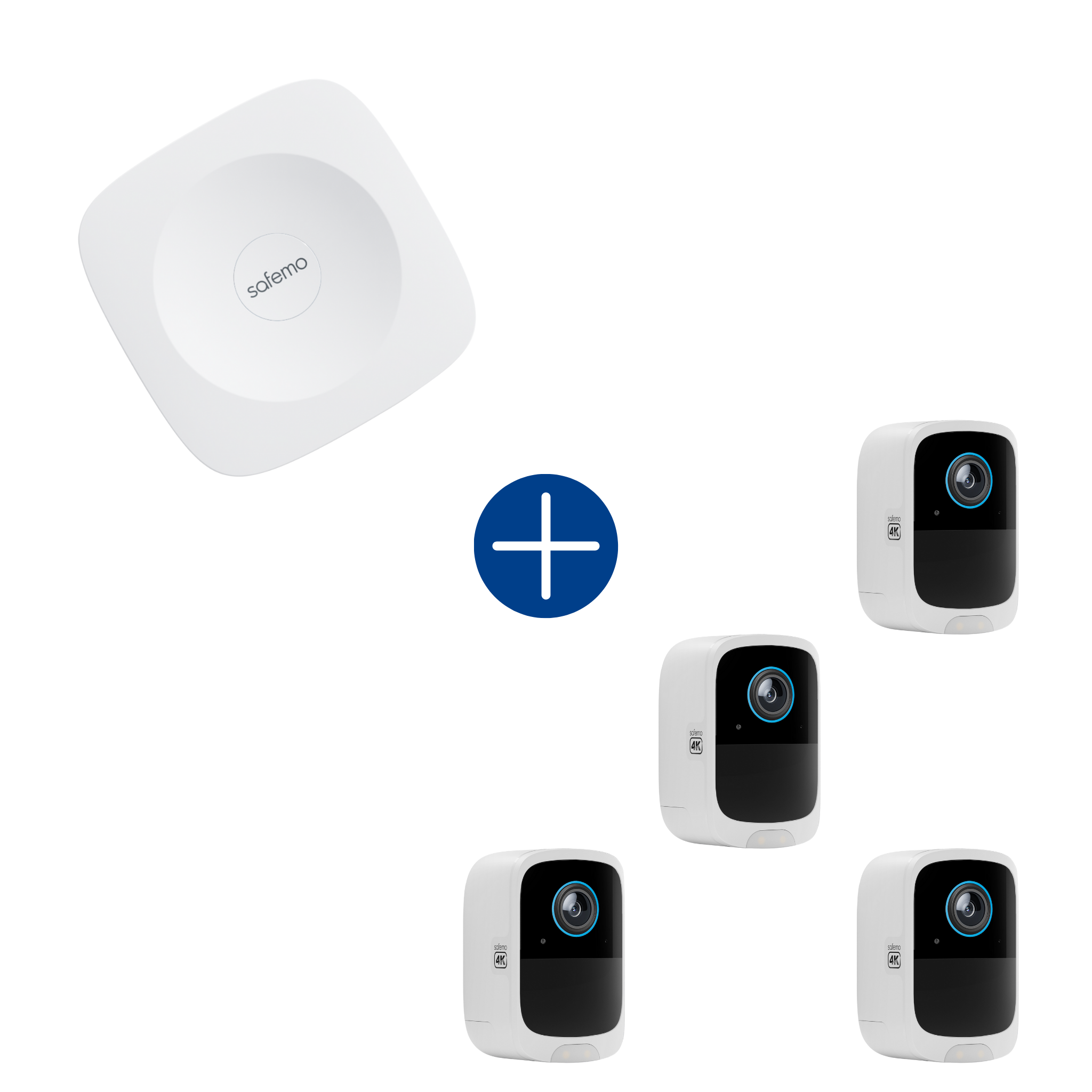 Produktbild für Paket aus vier Überwachungskameras und einem Aufzeichnungsrekorder. Fotos der Produkttypen werden grafisch mit einem Plus-Icon verbunden.