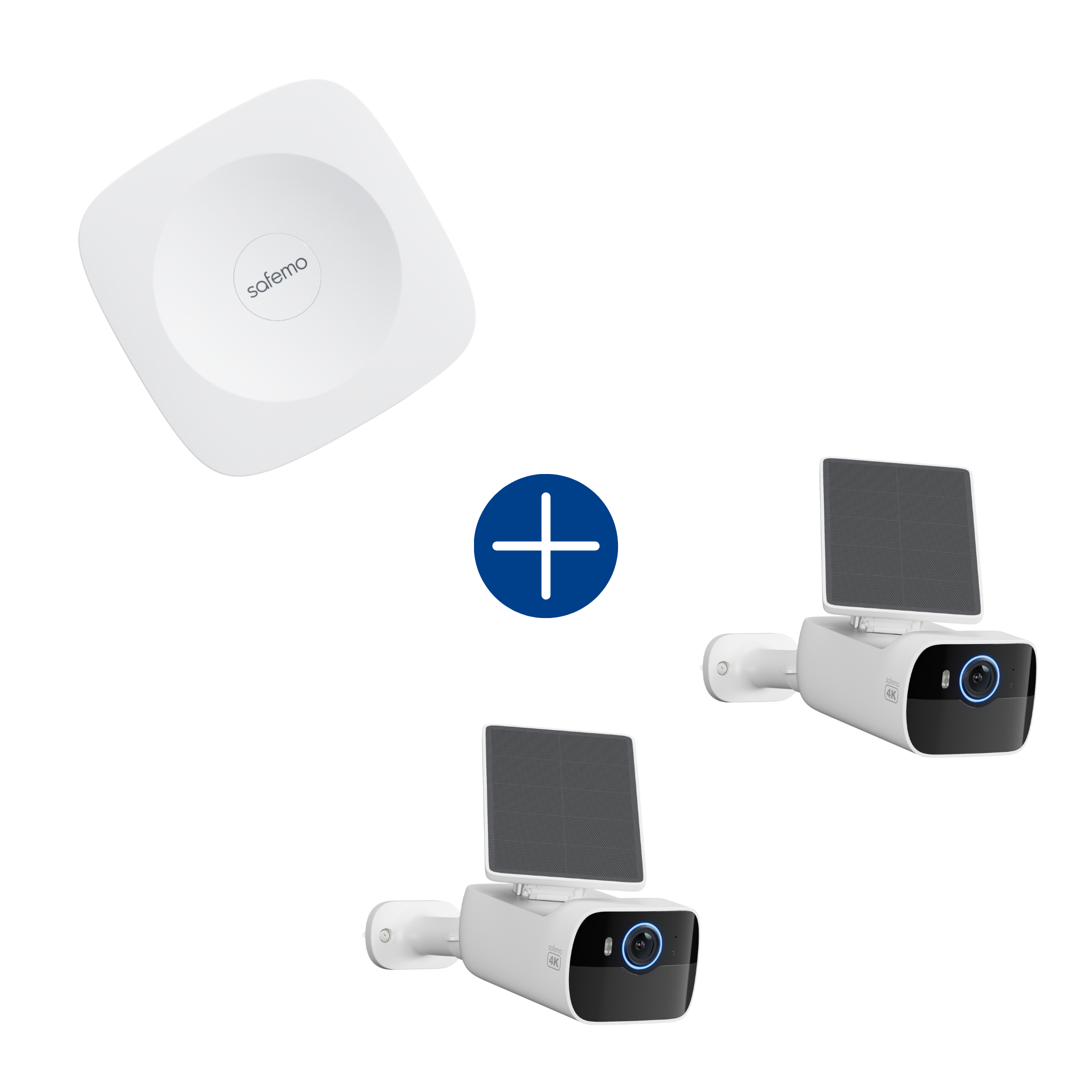 Produktbild für Paket aus 2 Überwachungskameras mit integriertem Solarpanel und einem Aufzeichnungsrekorder. Fotos der Produkttypen werden grafisch mit einem Plus-Icon verbunden.