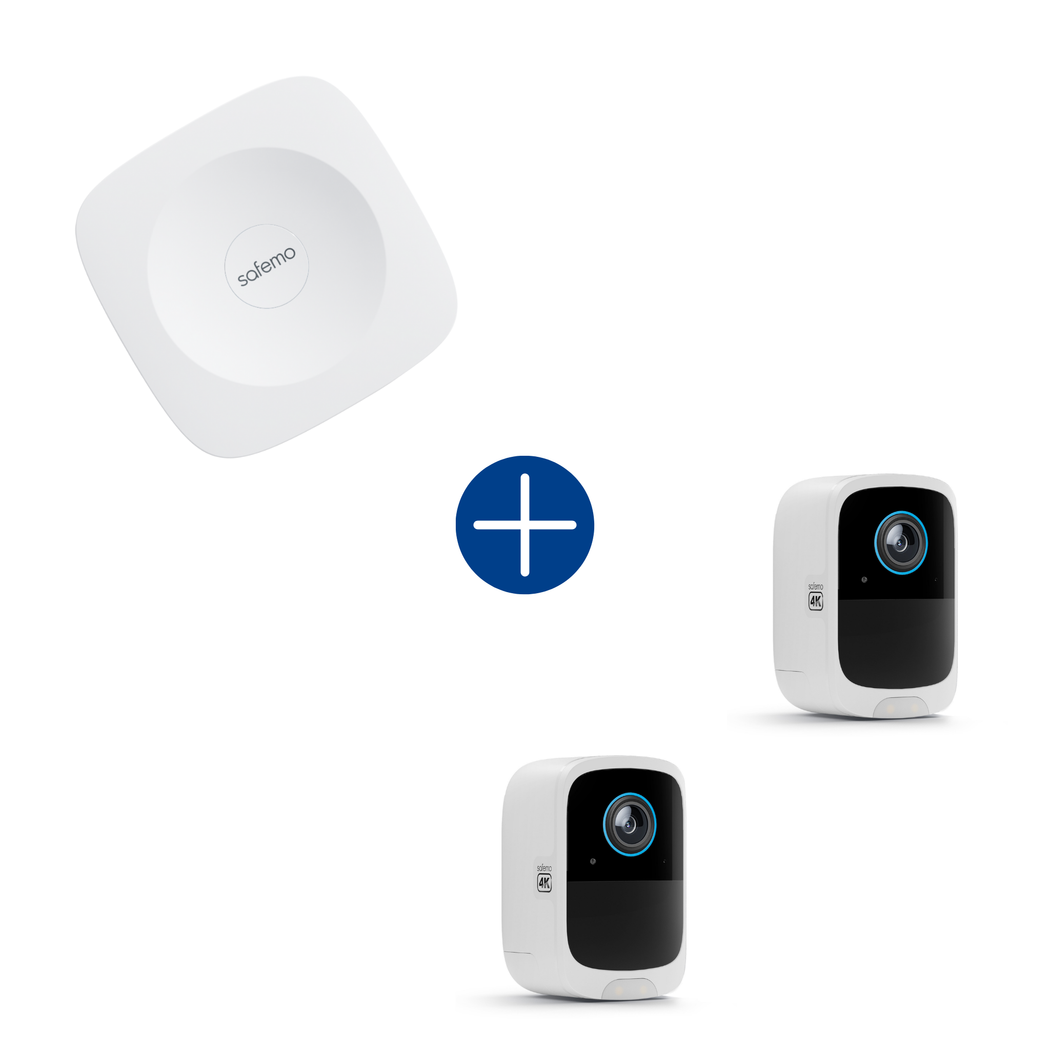 Produktbild für Paket aus zwei Überwachungskameras und einem Aufzeichnungsrekorder. Fotos der Produkttypen werden grafisch mit einem Plus-Icon verbunden.