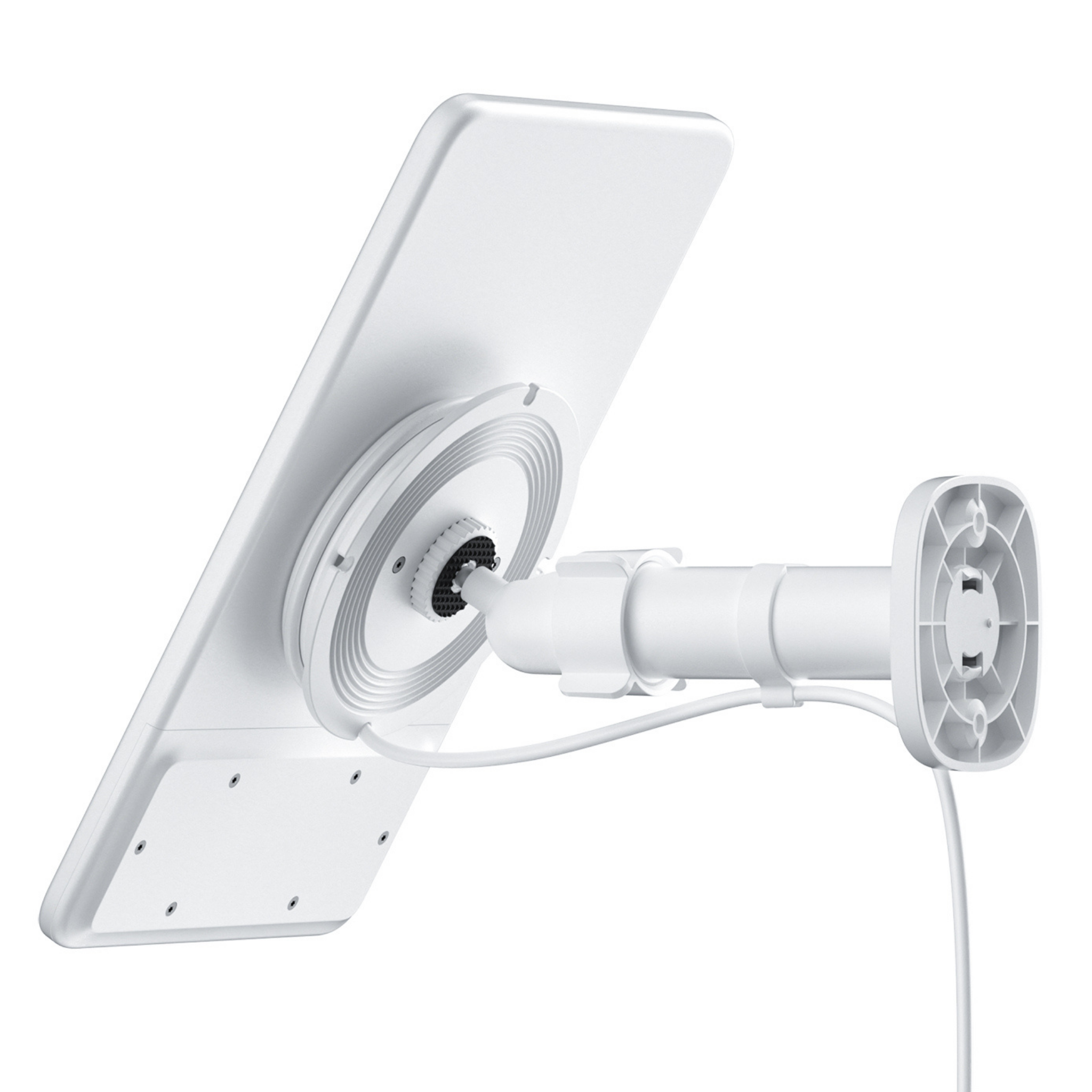 Produktfoto von Solarpanel für Überwachungskamera von hinten. Detailansicht mit Verkabelung und Arm zur Wandmontage.