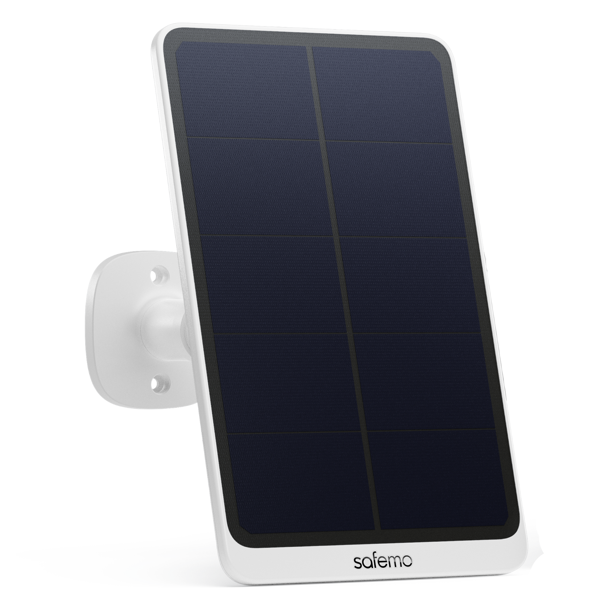 Produktfoto von Solarpanel für Überwachungskameras mit Halterung für Wandmontage. Profilansicht.