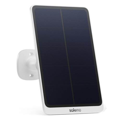 Produktfoto von Solarpanel für Überwachungskameras mit Halterung für Wandmontage. Profilansicht.